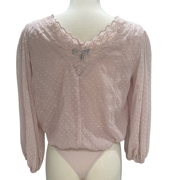 Express Light Pink Lace Trim Bodysuit XS Romantic Boho Cottagecore Feminine Chic - Picture 5 of 11